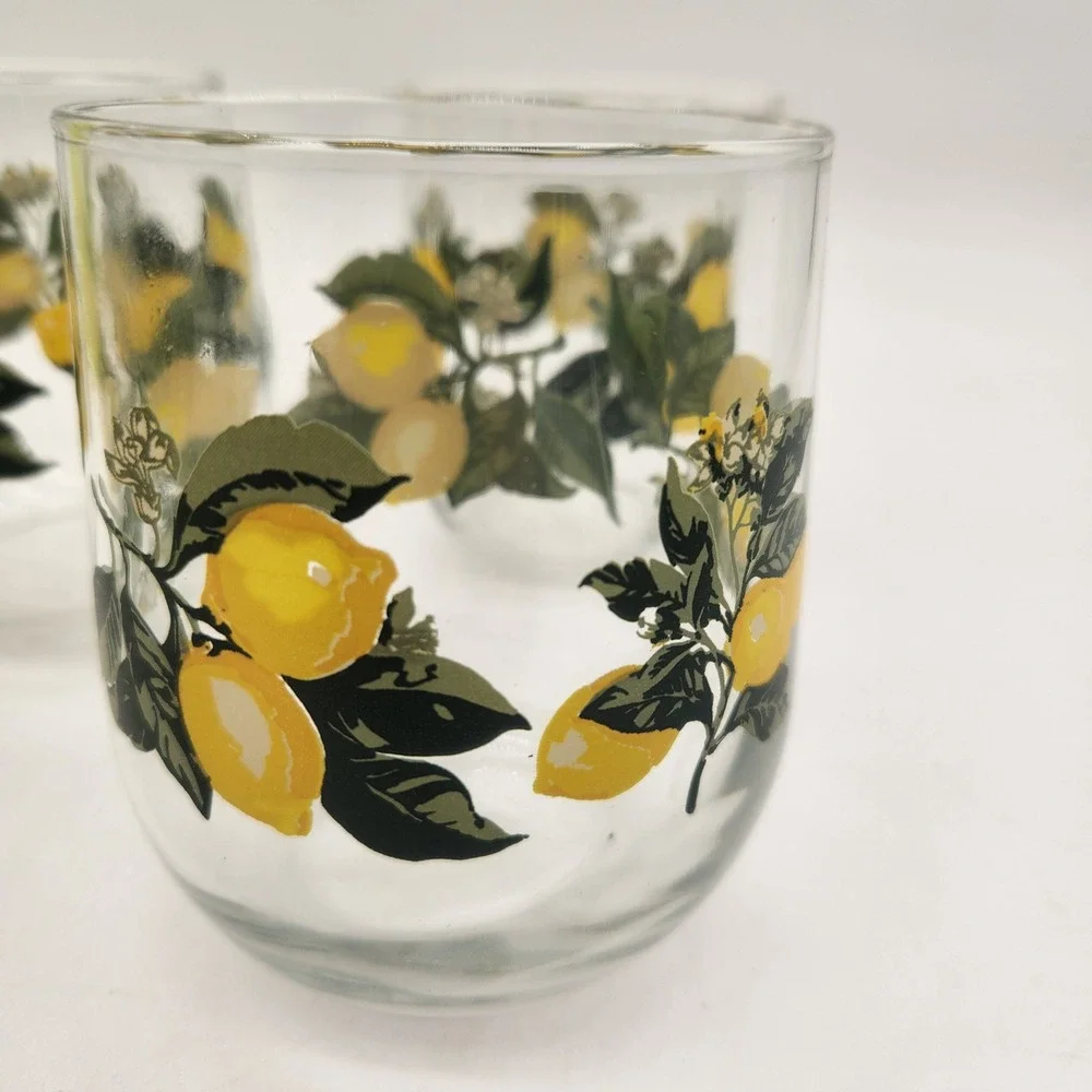 Set of 4 Lemon Citrus Print Stemless Wine Glasses Tumblers Clear‎ Yellow Green